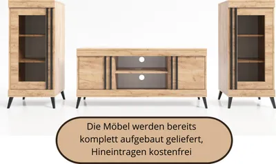 Produktbild von COSMO Wohnwand TV-Schrank Set auf Beinen, Wohnzimmerset, Fernsehtisch und 2 Vitrinen - Goldene Eiche
