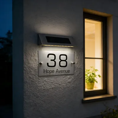 Produktbild von Moderne Solar Hausnummer mit LED, Edelstahl & Acryl, beleuchtete Hausnummer für Garten, wetterfest & kabellos