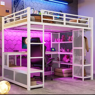 Immagine prodotto di Letto a castello in metallo, 140x200, con spazio contenitivo, armadio aperto, porta USB e illuminazione LED (beige)