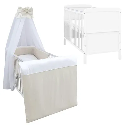 Produktbild von Baby-Delux Babybett Kinderbett Natalie Umbaubar 140x70 Weiß Beißschienen Bettset Komplett mit Motiv Musselin Waffelpique Beige