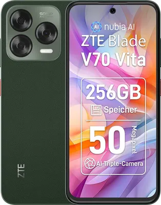 A marketing image of a ZTE Blade V70 Vita smartphone, showcasing its camera and storage specifications.