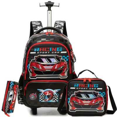 Productafbeelding van Schooltassen met wielen voor kinderen, rugzak met trolley, rood, 42x30x19 cm