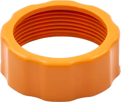 An orange threaded nut for a hose connection.