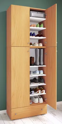 Produktbild von VCM Holz-Schuhschrank | Maße: H. 200 x B. 70 x T. 39 cm | Allzweckschrank | 9 Fächer | 4 Drehtüren | extra Schublade – Lona