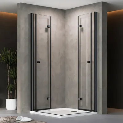 Produktbild von Falttür Duschkabine 75x90x185cm Eckeinstieg Duschabtrennung Doppelt Falttüren Eckdusche Faltbar Duschwand Schwarz Faltdusche aus ESG-GLAS