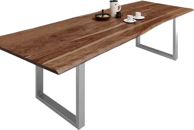 Produktbild von Esszimmertisch 280x100 cm Milo, echte Baumkante, nussbaumfarben, massiver Esstisch aus Akazienholz, Metallbeine Silber, Baumkantentisch