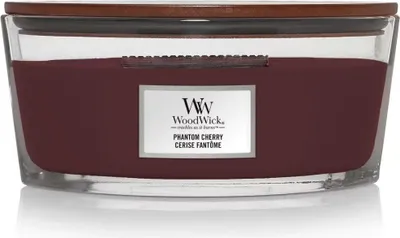 A WoodWick Phantom Cherry candle in a glass jar with a wooden lid.