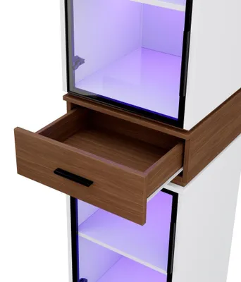 Produktbild von AIORBER Glasvitrine 200 cm mit LED Beleuchtung weiß Hochschrank mit 2 Glastüren und Schublade schmaler Vitrinenschrank Wohnzimmer