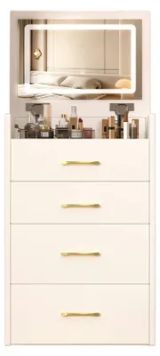 Produktbild von MODFU 3-in-1-Schminktisch mit 3 Schubladen kleines Schminktisch-Set mit klappbarem Spiegel Frisiertisch mit Tischplatte aus Klarglas Weiß