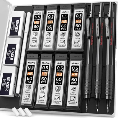Produktbild von Druckbleistifte Set 3 Stück 0,5 mm Schwarz Metall mit Etui, 6 Dosen HB Minen, 3 Radiergummis