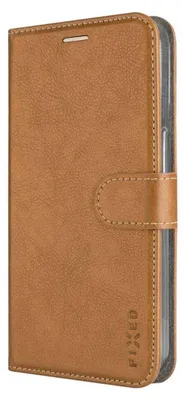 A brown leather flip case for a smartphone, shown closed.
