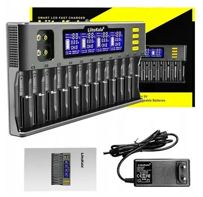 A LiitoKala Lii-S12 battery charger with its accessories, including a power adapter and a manual, displayed on a white and yellow background.