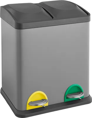 A gray dual-compartment trash can with yellow and green pedal bins.