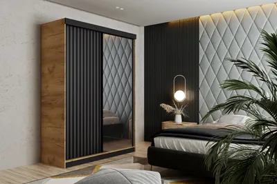 Produktbild von Schiebetürenschrank MALANI 138x205, Schrank, Garderobe, 2-türig, Kleiderschrank, mit Spiegel - Eiche (Korpus) + Anthrazit (Tür) + Schwarz (Lamellen)