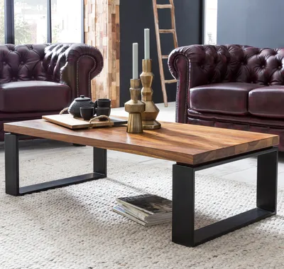 Produktbild von WOHNLING Couchtisch WL5.650 Sheesham 115x35x60 cm Massiv Holz Sofatisch mit Metallgestell Wohnzimmertisch Rechteckig Massivholz Braun Holztisch Modern