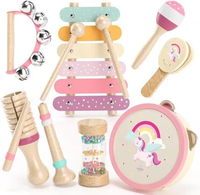 Hölzerne Musikinstrumente Set für Kinder, Montessori Spielzeug mit Maracas, Xylophon und Tamburin für 1-3 Jahre alt