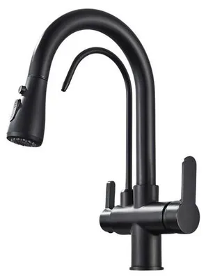 Produktbild von 3-Wege Küchenarmatur NORDIC mit Wasserfilter-Anschluss, herausziehbare Brause, 360° schwenkbar, getrennte Wasserwege, Keramikkartusche Schwarz-matt