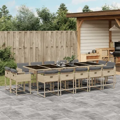 Produktbild von Design 15-tlg. Garten-Essgruppe mit Kissen Beigemischung Poly Rattan, Gartenmöbel-Sets 2024 Neu