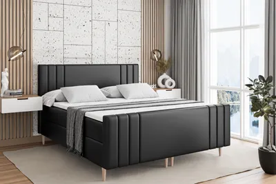 Produktbild von ALTDECOR Boxspringbett mit Holz Füßen, Matratze und Lattenrost, Topper, Fußteil, Polsterbett mit Bettkasten, Bett mit Stauraum H4-Matratze, Doppelbett - IDRIKO-FD-Z - 140x200 - Schwarz Kunstleder