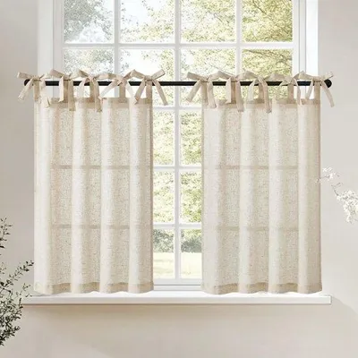 Produktbild von Unyqoos® Küchengardinen im Leinenlook – halbtransparente Gardinen mit Bindbändern, Beige, 2er-Set 65×60 cm