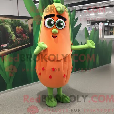 Obrázok produktu pre Maskot spoločnosti REDBROKOLY je postavička oranžovo-zelenej fazuľky, oblečená mini sukňou a kabelkou typu "clutch"