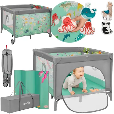 Image de LIONELO Parc Mille Plus jusqu'à 15 kg, 6-36 mois, avec matelas mousse, set de jouets colorés et sac de transport pratique - Vert
