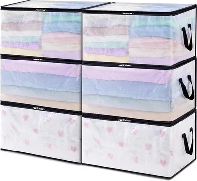 Productafbeelding van Famanu Opbergboxen, set van 6 transparante, inklapbare boxen van 60 liter met handgrepen, geschikt voor kleding, dekens en speelgoed