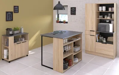 Produktbild von Parisot Küchenschrank Set "Fumay" Eiche und grau Küche Buffet Kücheninsel und Mehrzweckschrank