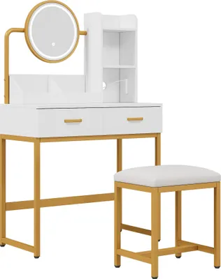 Produktbild von AIORBER Schminktisch mit LED-Beleuchtung, drehbarem Spiegel, Steckdosen & USB, Hocker, 2 Schubladen & 2 Ablagen, modern, Weiß