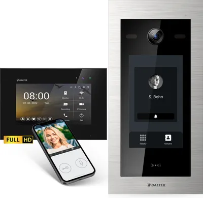 Produktbild von Balter EVO-HD Video Türsprechanlage mit Touchscreen schwarz, Smartphone App, 1 Familienhaus, 1x 7 Zoll Monitor, Türklingel mit Kamera Full HD, 2 Draht Bus
