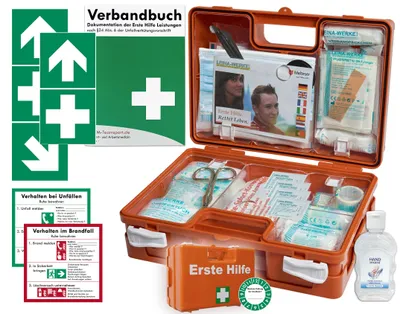 Produktbild von Verbandskoffer (K) Typ C -Paket 1- Erste Hilfe nach aktueller DIN 13157 für Betriebe -DSGVO- INKL. PERF. VERBANDBUCH + Hygiene-Gel & Folienaufkleber