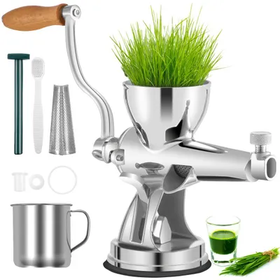 Produktbild von Manuelle Weizengraspresse, 8,6 cm Zufuhröffnung Weizengras Entsafter 27 cm Edelstahl Weizengras Juicer, 2,53 kg Gemüse Graspresse DIY Fruchtpresse, Entsafter mit Saftfangbecher, Stopfstange