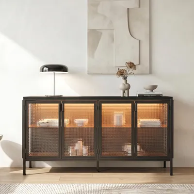 Produktbild von Industrielles Sideboard 150x40x80cm Schwarz mit LED-Beleuchtung, Anrichte mit 4 Nappenglastüren & Metallrahmen, für Esszimmer Wohnzimmer