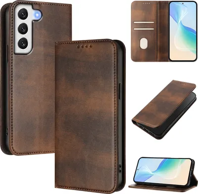 Produktbild von Handyhülle für Samsung Galaxy S22 5G, Vintage Leder RFID Schutz Kartenfach Standfunktion Magnetische Klapphülle Braun