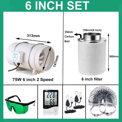 Imagen del producto de Kit de extracción para cultivo de plantas: ventilador de 15 cm, filtro de carbón activado, sistema de un solo nivel, apto para hidroponía, tiendas de cultivo y invernaderos