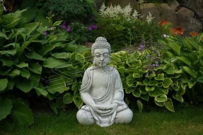 Produktbild von Buddha Skulptur in Steinoptik. Große Skulptur für Garten und Wohnbereich 50cm