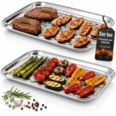 Produktbild von 2er Set Edelstahl Grillschalen 34,5 x 24,5 cm – Grillpfannen für Gas-, Holzkohlegrill & BBQ – für Fleisch, Fisch & Gemüse - Wiederverwendbar, KI-generiertes Bild
