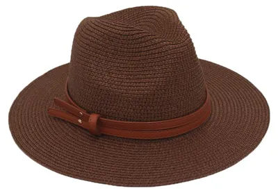 Produktbild von Damen-Jazzhut mit breiter Krempe, Kunstledergürtel, Strandhut aus Stroh, verstellbare Größe, UV-Schutz, faltbar, Sommerhut