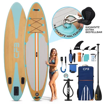 Produktbild von CFB SUP Board Set 320x84x15 cm, MB. bis 160 kg, extra breit, Holzoptik Stand Up Paddle Board Set mit Paddel, Pumpe, Rucksack, 5L Dry Bag, Schultergurt