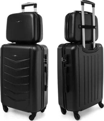 Two views of a black luggage set, consisting of a larger suitcase and a smaller cosmetic case stacked on top.