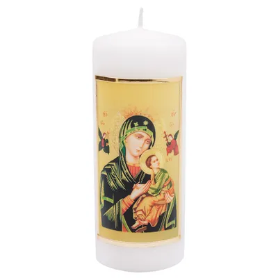 Produktbild von FRITZ COX Heilige Maria Immerwährende Hilfe Kerze | 44 Std. Brenndauer | Qualitätskerze | mit Filigranem Wachs-Gold-Rahmen, 15cm