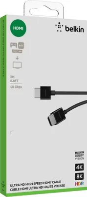 The image shows the packaging of a Belkin Ultra Highspeed HDMI cable.