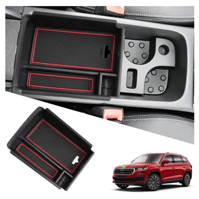 Obrázok produktu pre Úložný box do stredovej konzoly pre vozidlá Skoda Karoq a Kodiaq, červený, vyrobený z ABS plastu, s protišmykovou podložkou
