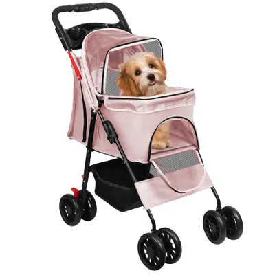 Produktbild von Hundewagen Haustiere Buggy, bis 15 kg, Hundebuggy mit Korb & Sonnenschutz,Faltbarer Katzenwagen, Katzenbuggy für kleine Hunde Katzen (Rosa)