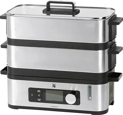 A three-tiered stainless steel food steamer with a black base and control panel.