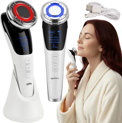 A collage of a skincare device, a woman using it, and a charging cable.