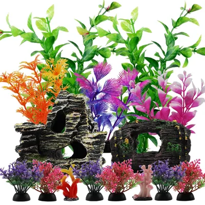 Productafbeelding van 15 stuks aquariumdecoraties met planten en stenen