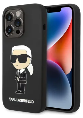 A black iPhone case with a Karl Lagerfeld graphic is shown next to an iPhone.