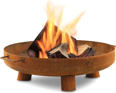 A rusty metal fire pit with burning logs inside, set against a white background.