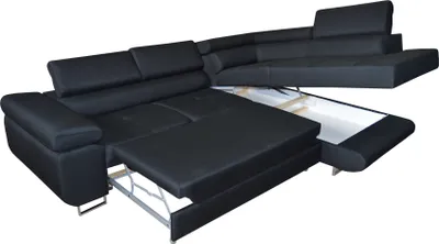 A black sectional sofa with its pull-out bed and storage compartment extended, shown against a white background.